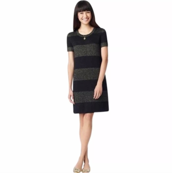 KATE SPADE Freyda Sparkle Stripe Wool Blend Knit Black Gold Dress Sz M 388$ - Picture 1 of 6